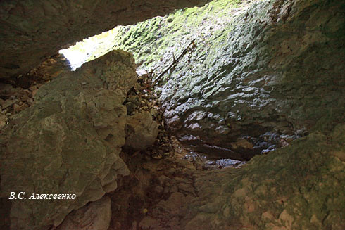 Выход воды внутри глыбового навала, источник Карасу-Баши