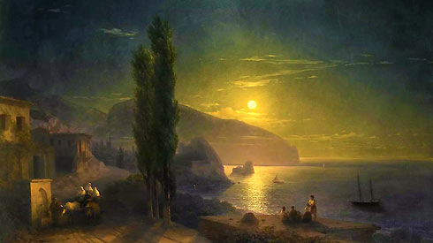 Фонтан под Пятачком. Восход луны над Аю-Дагом. Айвазовский 1856г.