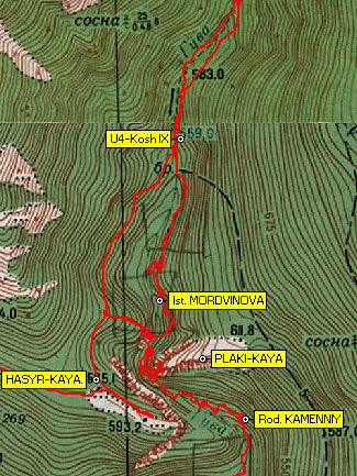 Фрагмент карты района средней части ущелья Уч-Кош