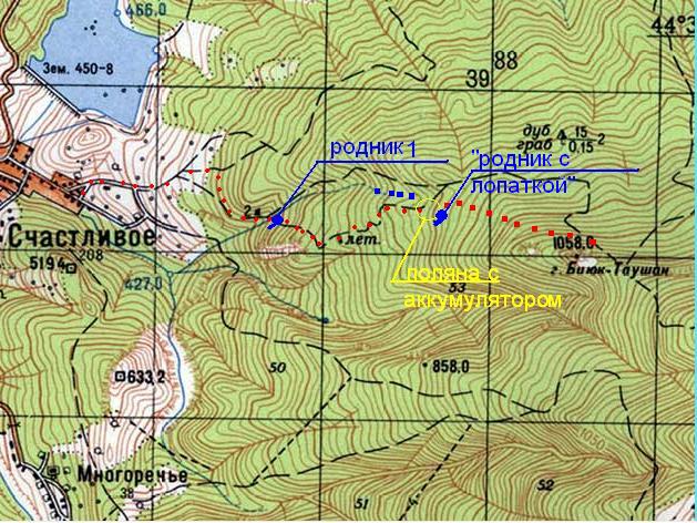 Карта района село Счастливое - гора Биюк-Таушан