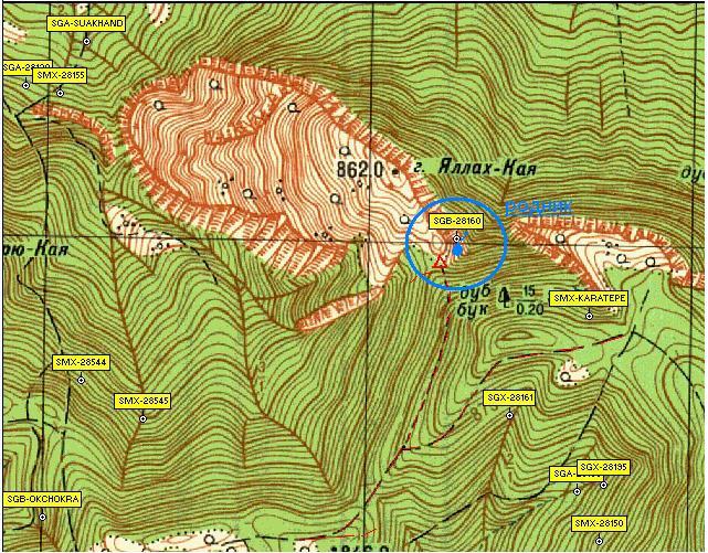 Фрагмент карты местности у горы Ялпах-Кая
